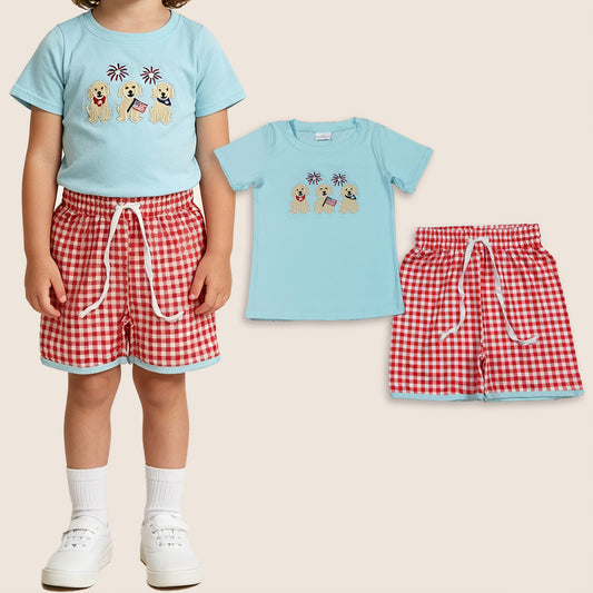 Baby Boys Kids Short Sleeves Embroidery Dogs Flags Shirt Red Plaid Shorts 4th of July Set