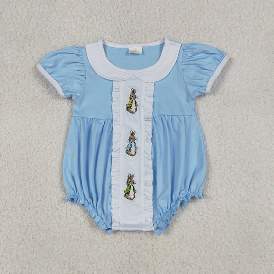 RTS Baby Girls Short Sleeves Embroidery Rabbits Easter Blue Bubble Romper