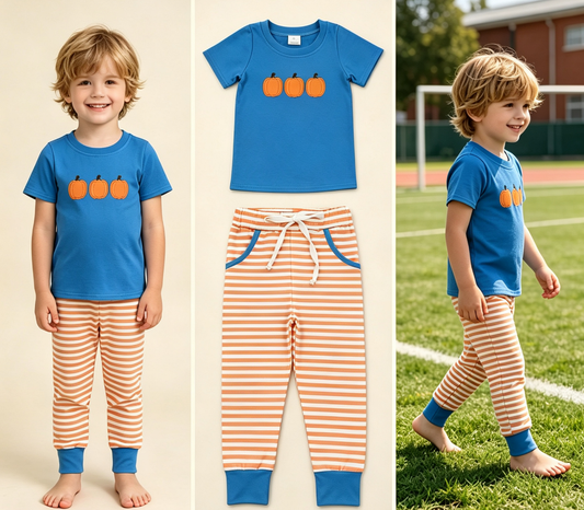 Baby Boys Kids Embroidery Pumpkins Blue Shirt Pockets Stripes Pants Fall Set Clothes