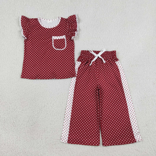 Baby Girl Kids Short Sleeves Pocket Shirt Dots Pants Red Set Clothes