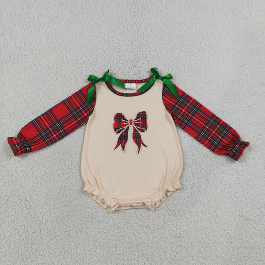 Baby Girls Infant Long Sleeves Embroidery Plaid Bow Christmas Bubble Romper Clothes