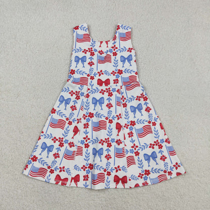 RTS Baby Girls Kids Flags Bows Flowers 4th of July Shorts Knee Length Yoga Dress