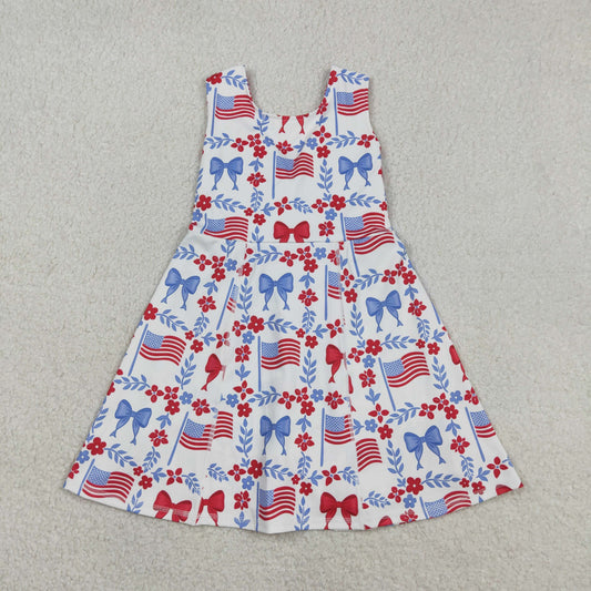 RTS Baby Girls Kids Flags Bows Flowers 4th of July Shorts Knee Length Yoga Dress