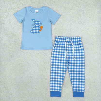 Baby Boys Kids Embroidery Rabbit Carrot Shirt Blue Plaid Pockets Pants Easter Set RTS