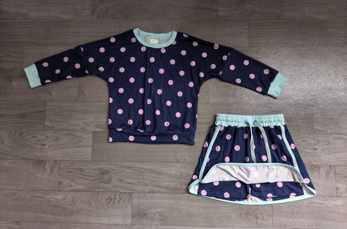 No moq Preorder Baby Girls Kids Long Sleeves Dots Shirt Skirt Shorts Navy Set Clothes