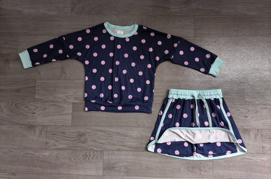 No moq Preorder Baby Girls Kids Long Sleeves Dots Shirt Skirt Shorts Navy Set Clothes