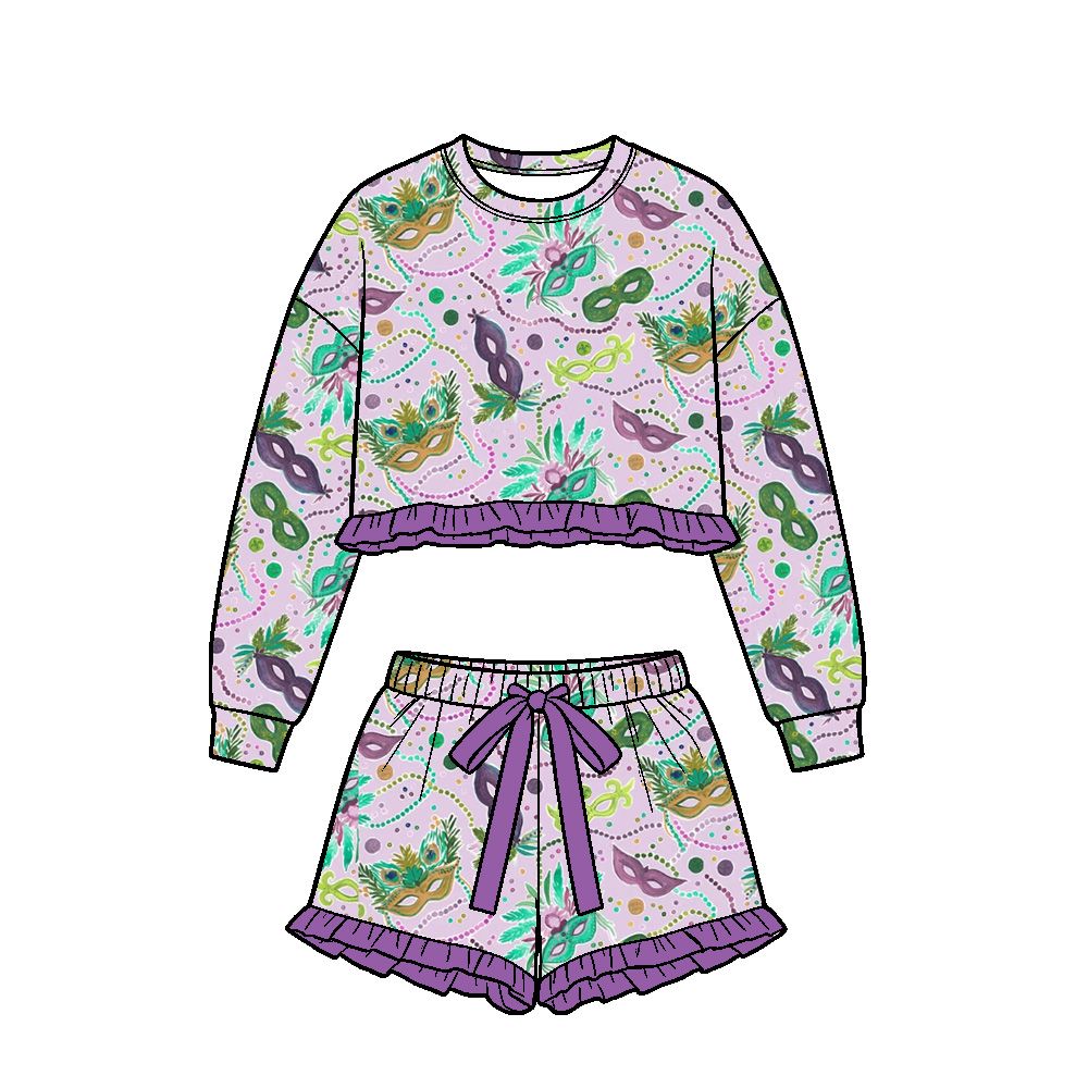 Moq 5 Preorder Baby Girls Kids Long Sleeves Masks Shirt Shorts Set Mardi Gras Clothes
