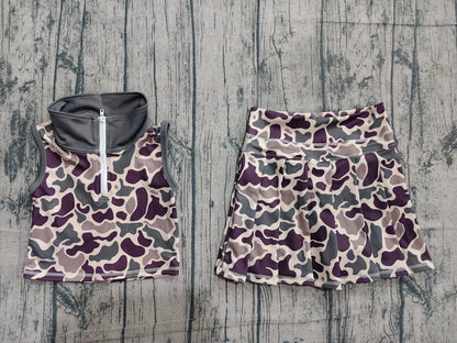Preorder Baby Girls Kids Sleeveless Zipper Camo Tops Skirt Shorts Yoga Set Clothes
