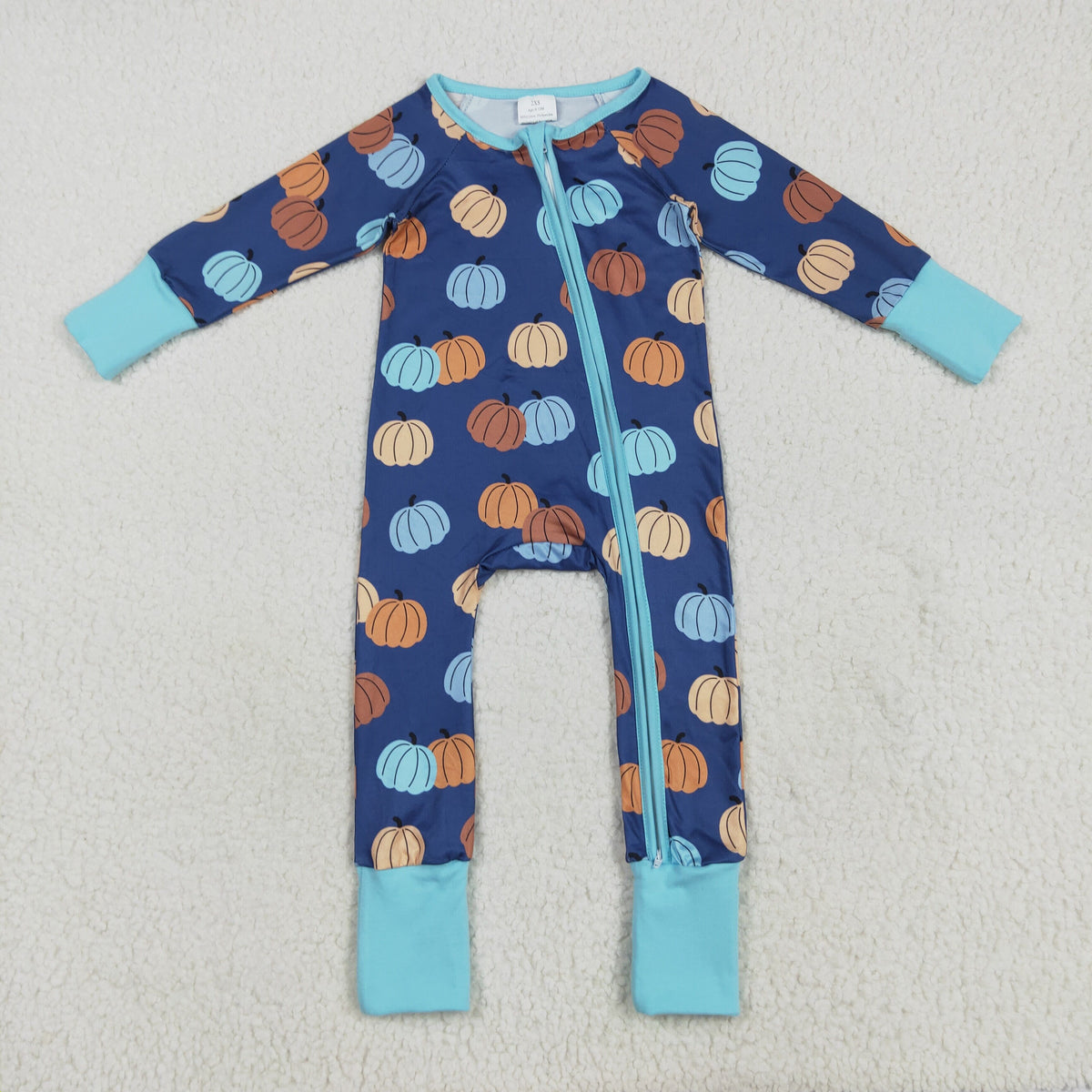 Baby Boy Long Sleeves Pumpkins Blue Zipper Fall Romper Thanksgiving