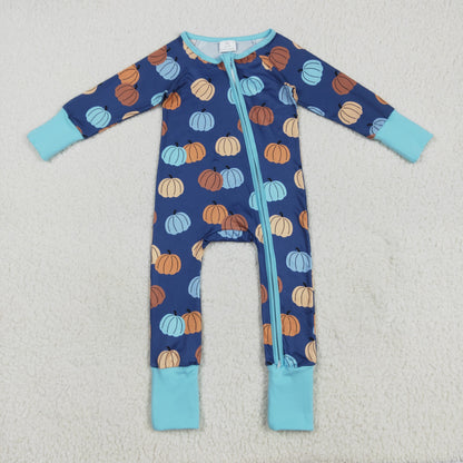 Baby Boy Long Sleeves Pumpkins Blue Zipper Fall Romper Thanksgiving