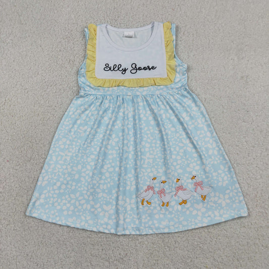 Baby Girls Kids Embroidery Goose Bows Floral Ruffle Knee length Dress