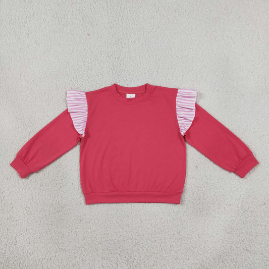 Baby Girls Toddler Stripes Ruffle Long Sleeves Hot Pink Shirt Cotton Clothes