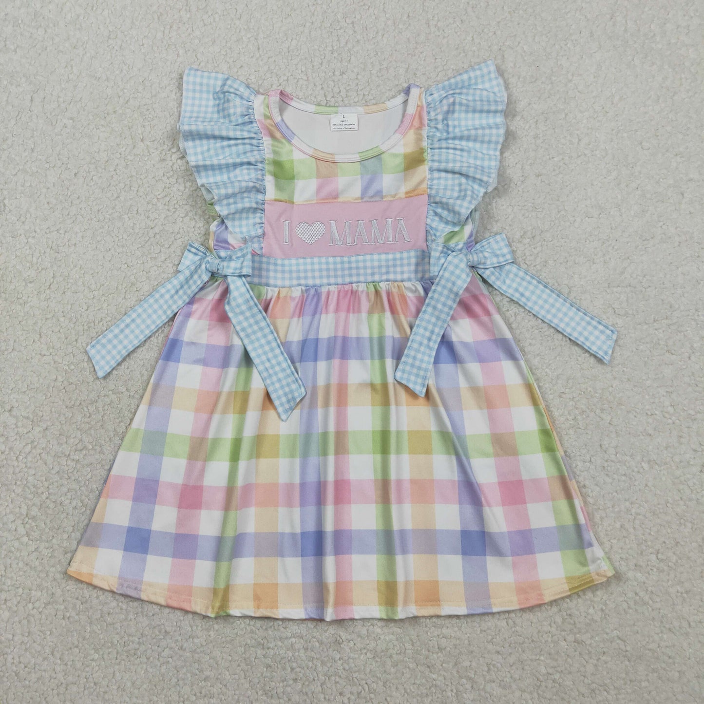 RTS Baby Girls Kids Short Sleeves Embroidery I Love Mama Bows Plaid Knee Length Dress