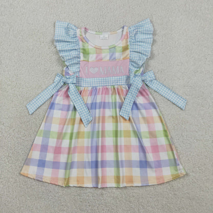 RTS Baby Girls Kids Short Sleeves Embroidery I Love Mama Bows Plaid Knee Length Dress