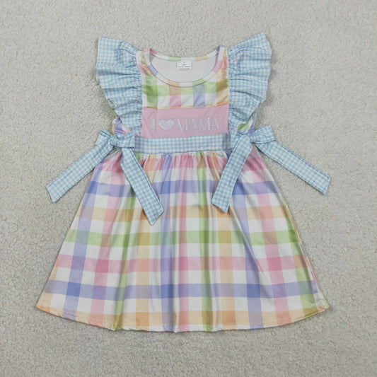 RTS Baby Girls Kids Short Sleeves Embroidery I Love Mama Bows Plaid Knee Length Dress