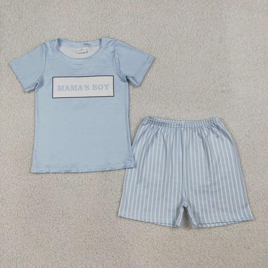RTS Baby Boys Toddler Short Sleeves Mama's Boy Shirt Blue Stripes Shorts Clothes Set