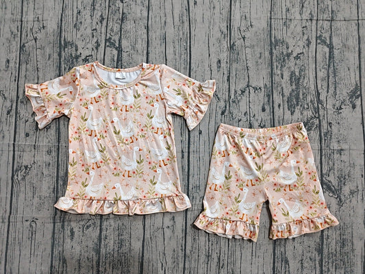 Preorder Baby Girls Kids Short Sleeves Goose Flower Shirt Shorts Summer Clothes Set
