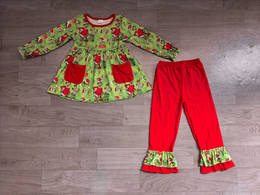 No moq Preorder Baby Girl Kids Christmas Face Stripes Pockets Tunic Green Pants Set Clothes