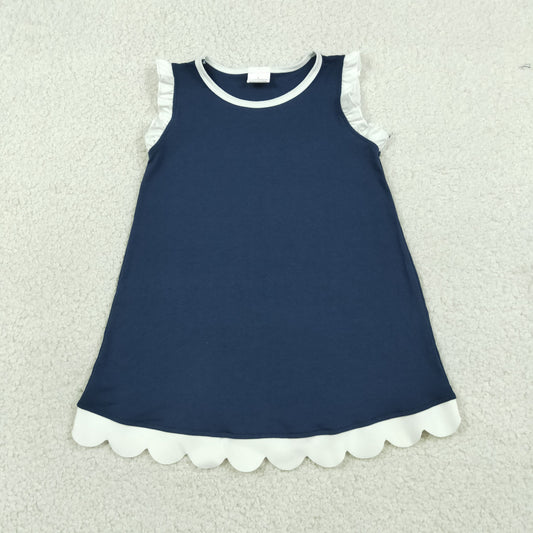 Baby Girls Kids Sleeveless White Scallop Knee Length Dress Blue Clothes