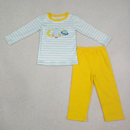 Sibling Baby Boys Kids Embroidery Space Rocket Stripes Romper Shirt Set Clothes
