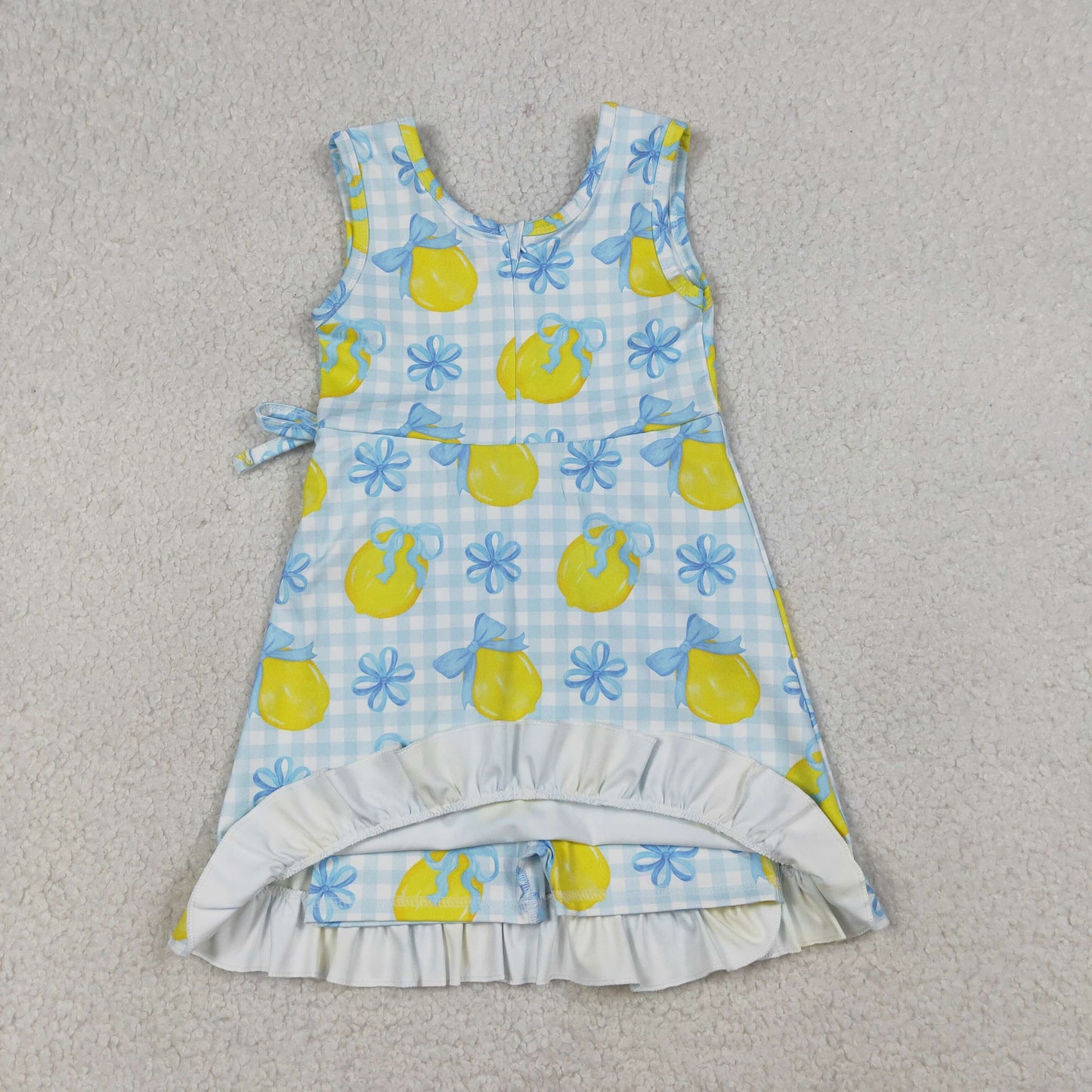 RTS Baby Girls Kids Sleeveless Lemons Bows Blue Plaid Yoga Active Shorts Knee Length Dress