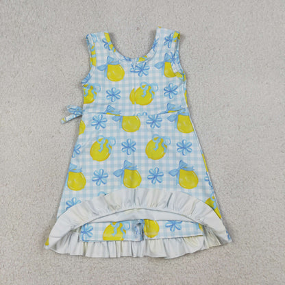 RTS Baby Girls Kids Sleeveless Lemons Bows Blue Plaid Yoga Active Shorts Knee Length Dress