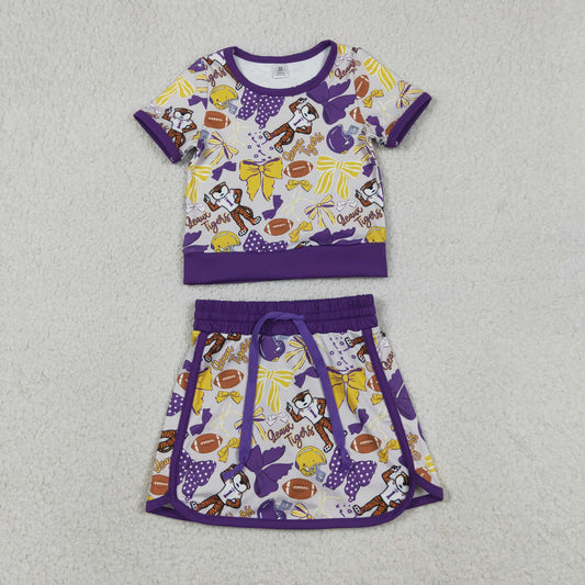 Baby Girls Toddler Short Sleeves Tigers Bows Football Team Shirt Shorts Yoga Purple Set