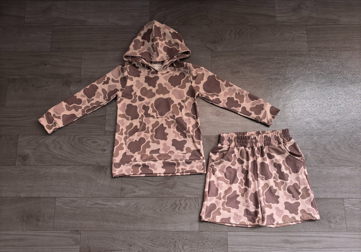 No moq Preorder Baby Boy Kids Long Sleeves Camo Hoodie Shirt Pockets Shorts Set