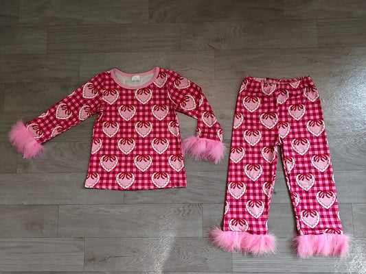 No moq Preorder Baby Girls Kids Hearts Bows Plaid Shirt Pants Valentine Pajamas Fur Set Clothes