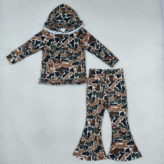 Baby Girls Long Sleeves Brown Green Camo Hoodie Pullover Bell Pants Clothes Set