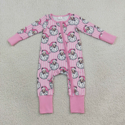 Baby Girls Kids Long Sleeves Christmas Santa Pink Stripes Zipper Footie Sleeper Romper