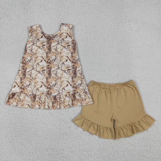 Baby Girls Kids Sleeveless Leaves Back Bow Tops Shorts Set Camo Clothes
