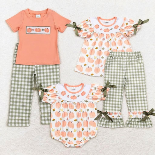 Baby Boy Girl Kids Short Sleeves Embroidery Pumpkins Sibling Romper Sets Clothes