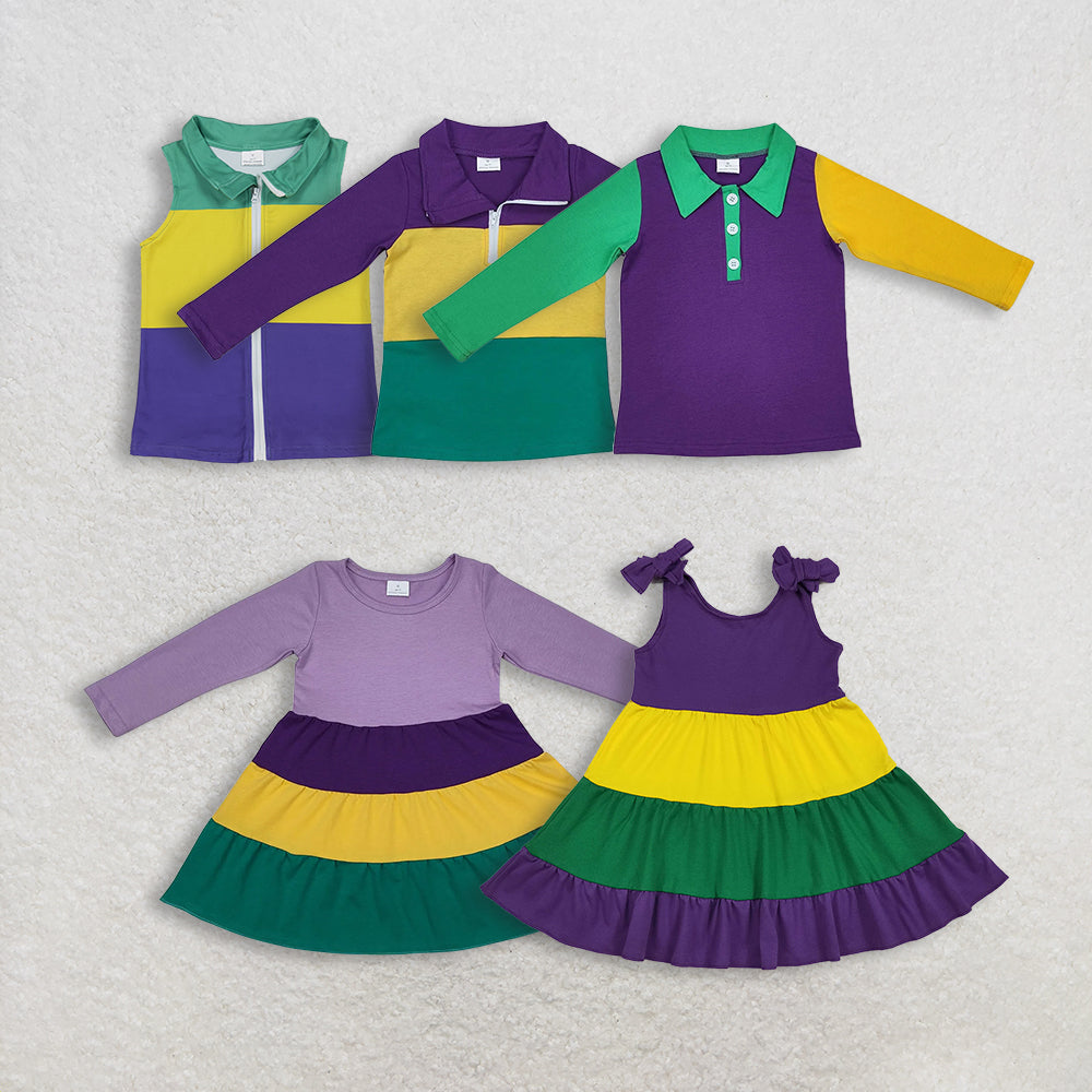 Sibling Baby Boys Girls Kids Mardi Gras Purple Green Yellow Print Shirts Dresses