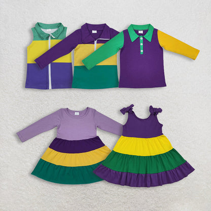 Sibling Baby Boys Girls Kids Mardi Gras Purple Green Yellow Print Shirts Dresses
