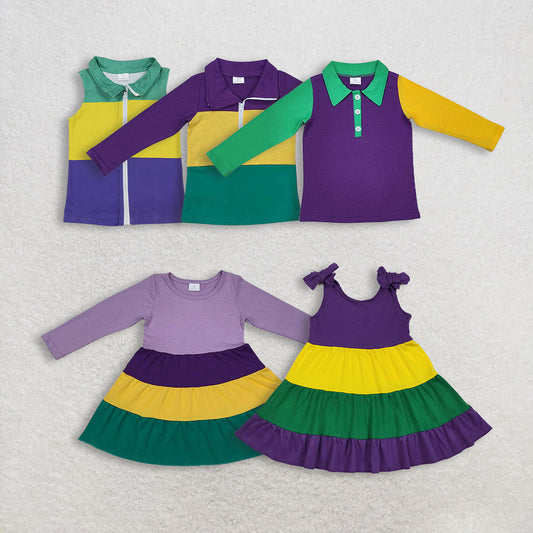 Sibling Baby Boys Girls Kids Mardi Gras Purple Green Yellow Print Shirts Dresses