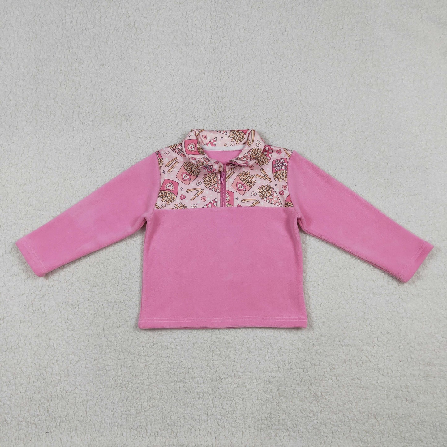 Baby Girls Pink Long Sleeves Chip Hearts Valentines Zipper Fleece Pullover Sweater