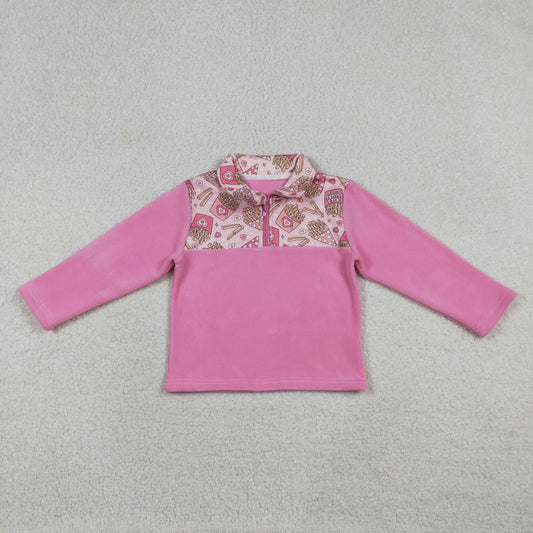 Baby Girls Pink Long Sleeves Chip Hearts Valentines Zipper Fleece Pullover Sweater