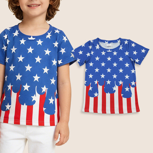 BT1741 Baby Kids Short Sleeves Stars Stripes 4th of July Tee Summer Shirt Tops
