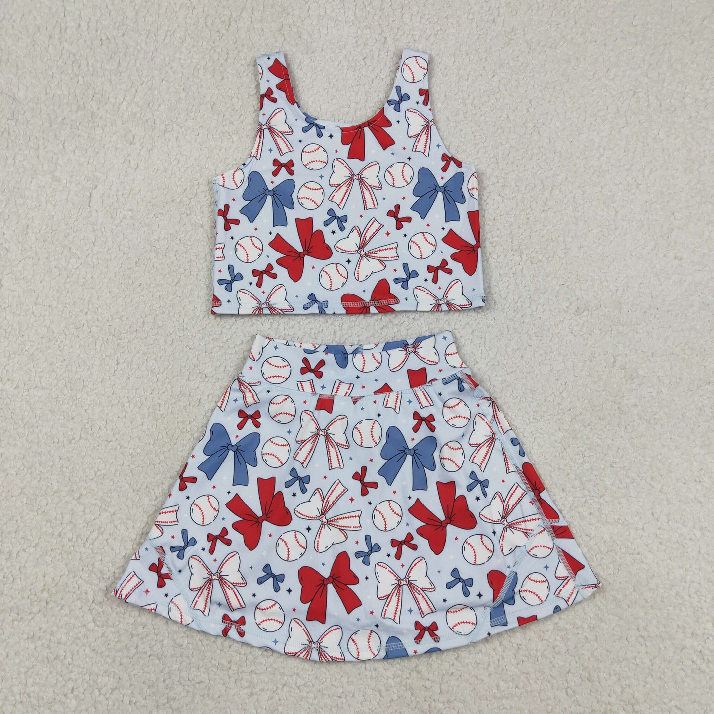 Baby Girls Kids Bows Baseball Shirt Skirt Shorts Yoga Active 4th of July Blue Set Clothes