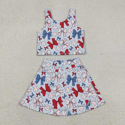 Baby Girls Kids Bows Baseball Shirt Skirt Shorts Yoga Active 4th of July Blue Set Clothes