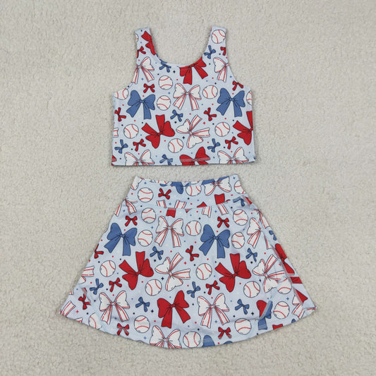 Baby Girls Kids Bows Baseball Shirt Skirt Shorts Yoga Active 4th of July Blue Set Clothes