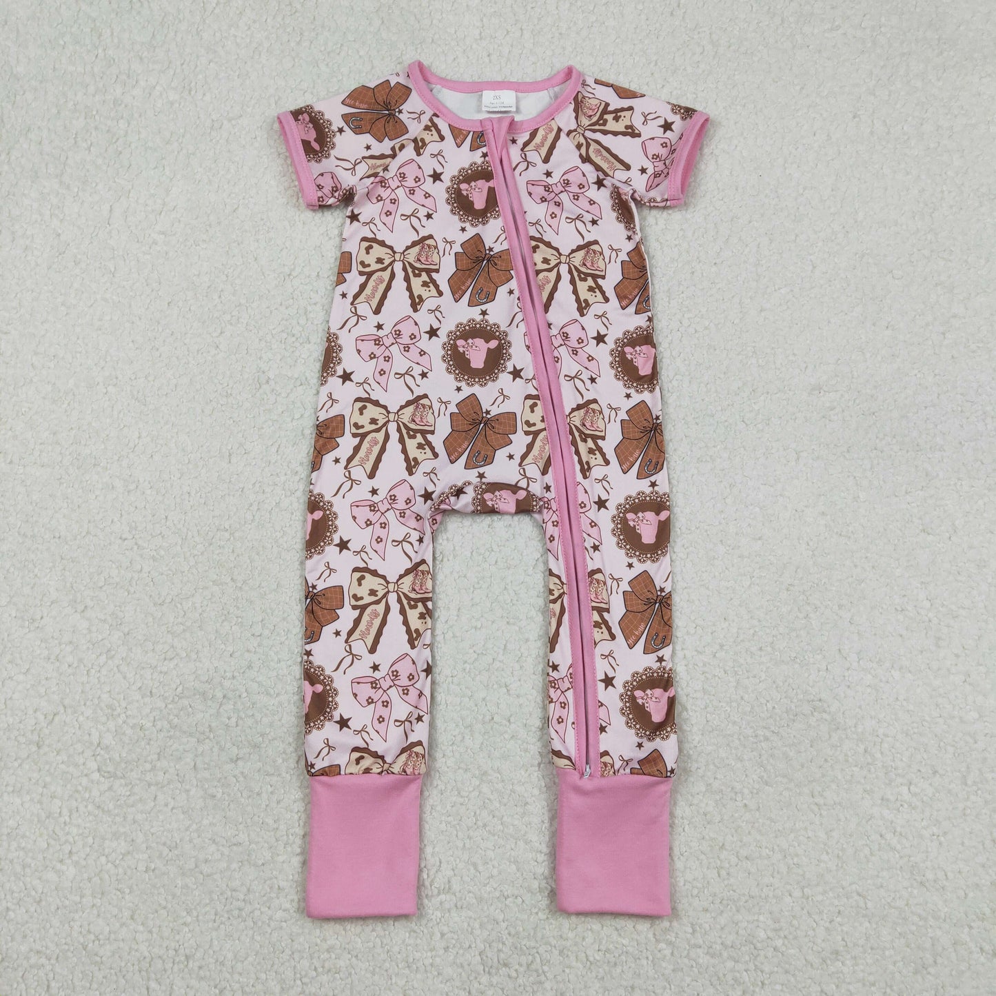 Baby Girls Short Sleeves Bows Boots Zipper Western Pink Romper