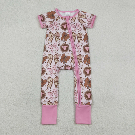Baby Girls Short Sleeves Bows Boots Zipper Western Pink Romper