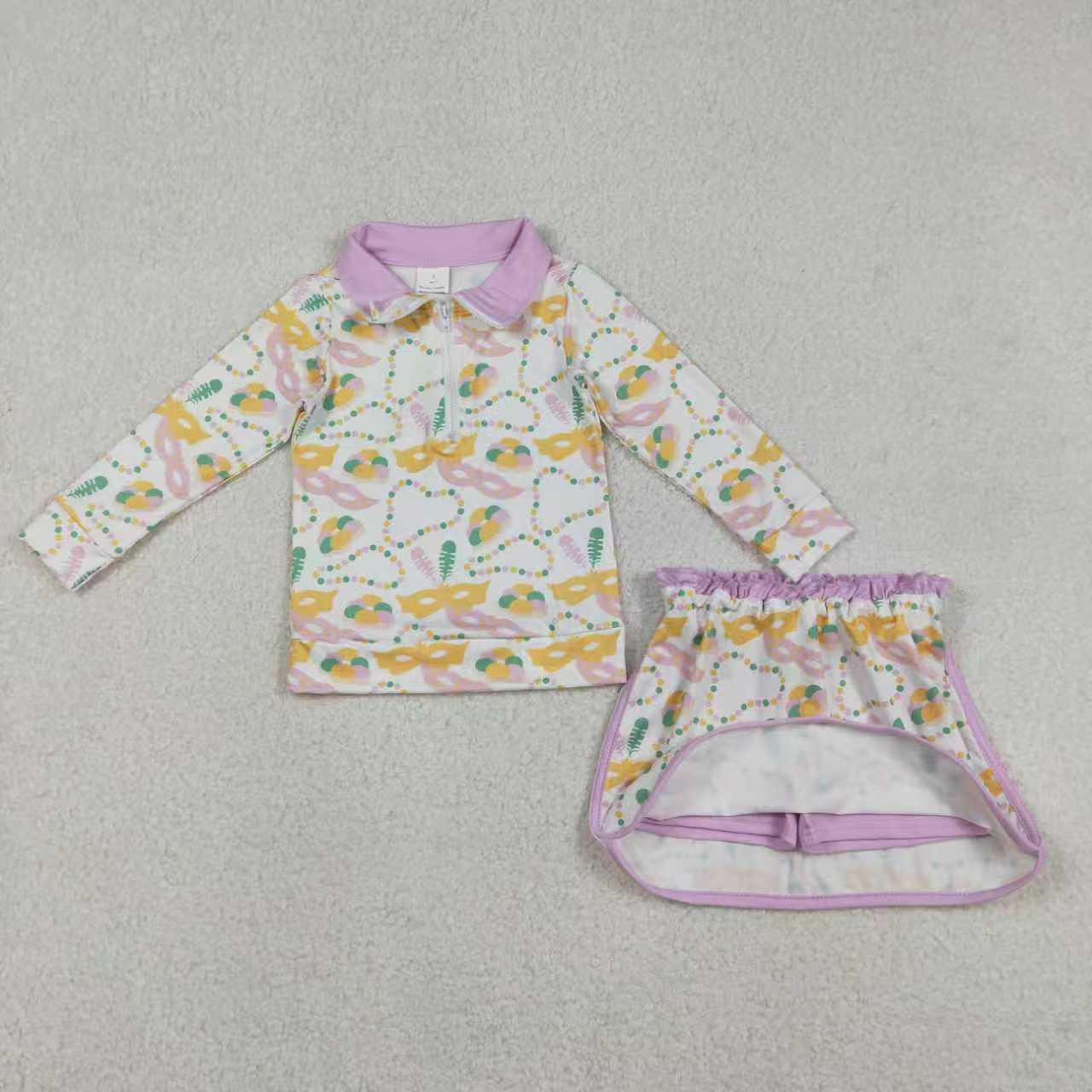 Sibling Baby Girls Kids Bows Donuts Masks Zipper Tops Shorts Skirt Skort Mardi Gras Set