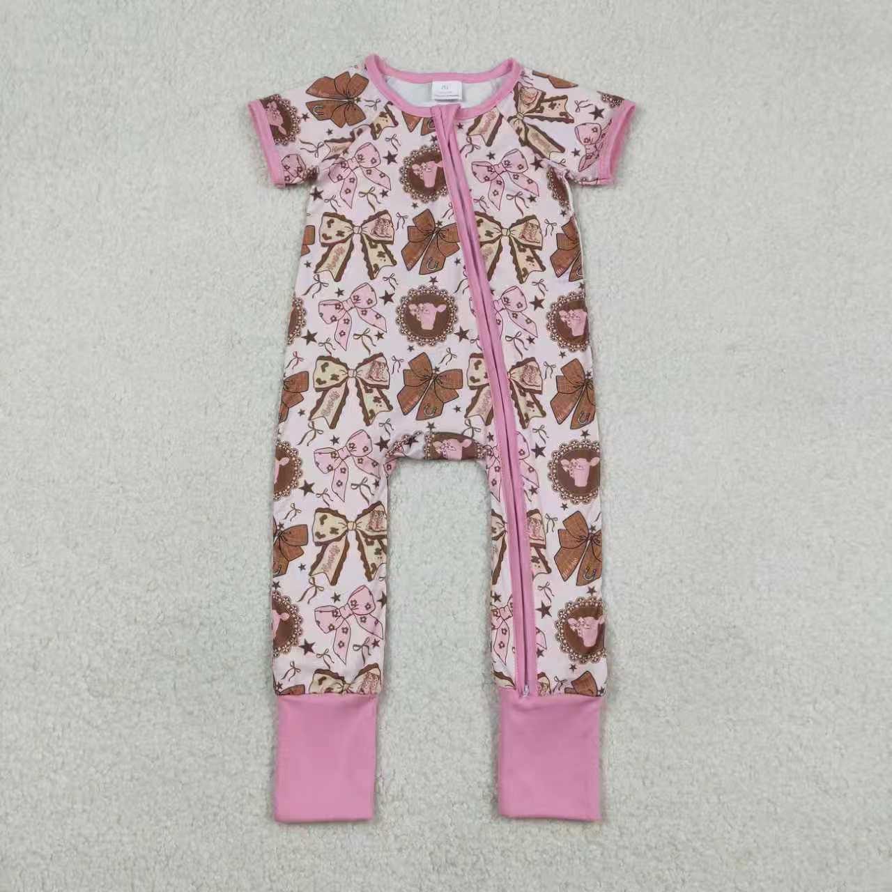 RTS Sibling Baby Girls Bows Highland Cows Ruffle Pants Western Pajamas Set Ruffle Dress Zipper Romper