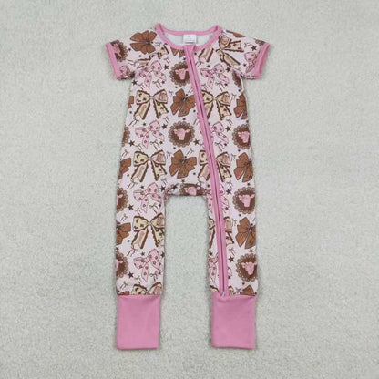 RTS Sibling Baby Girls Bows Highland Cows Ruffle Pants Western Pajamas Set Ruffle Dress Zipper Romper