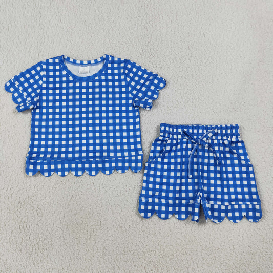 Baby Girls Kids Short Sleeves Blue Plaid Shirt Scallop Shorts Set Clothes