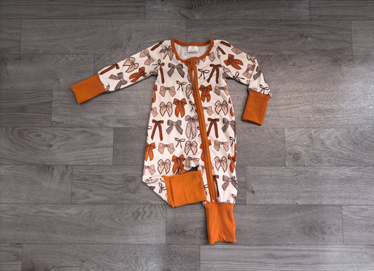 No moq Preorder Baby Girls Kids Long Sleeves Bows Zipper Sleeper Footie Romper Brown Clothes