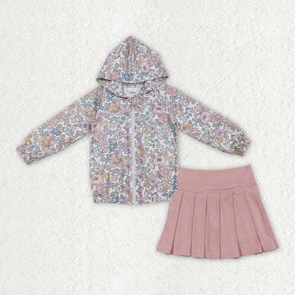 Baby Girls Kids Long Sleeves Flower Hoodie Zipper Tops Pink Skirt Shorts Set Clothes